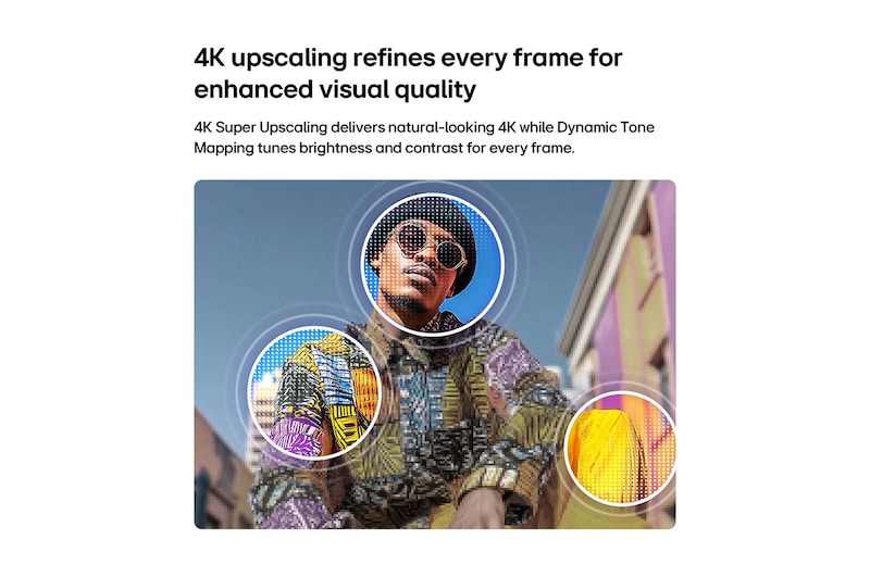 LG QNED AI QNED75 Mini LED with 4K Super Upscaling and Dynamic Tone Mapping shows a low-angle outdoor scene of a man between colorful buildings, as AI recognizes the scene and upscales each frame to 4K resolution.